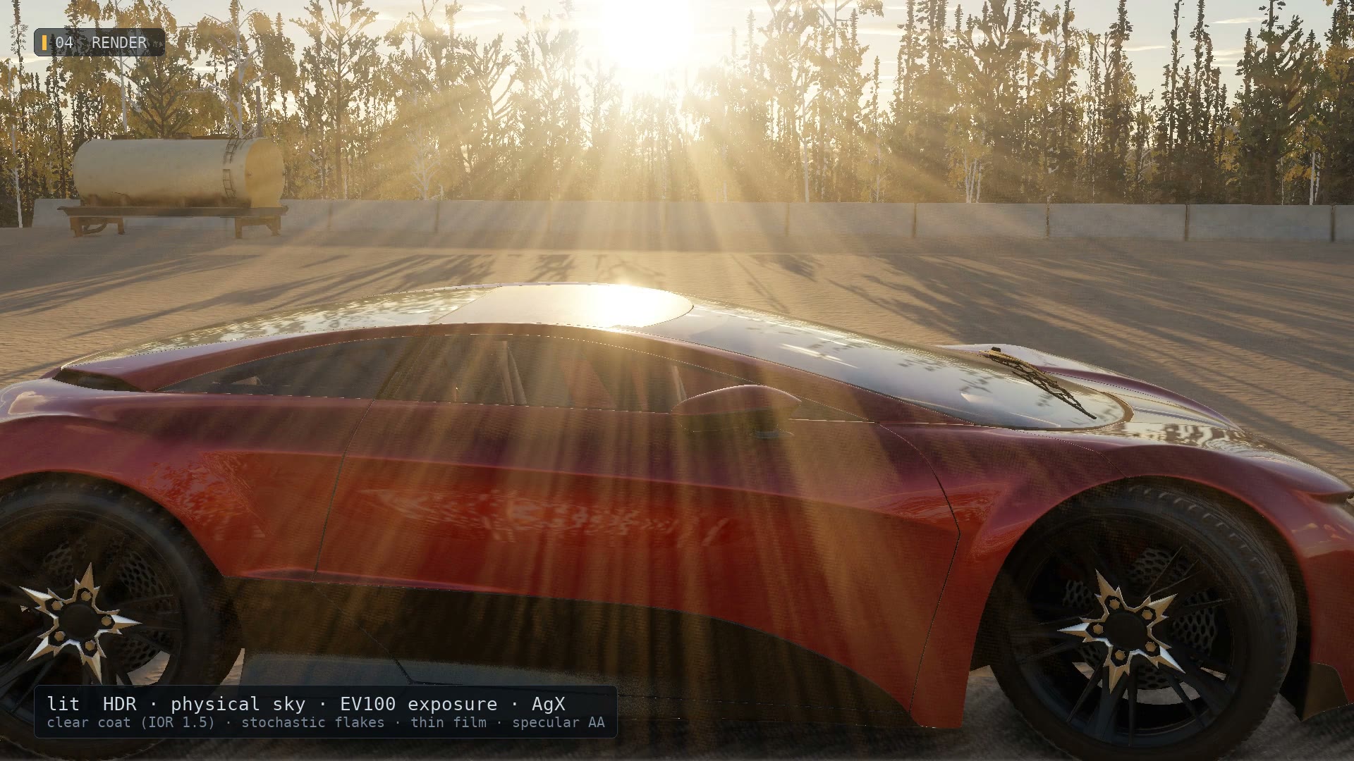Clear-coat paint on a car in low sun