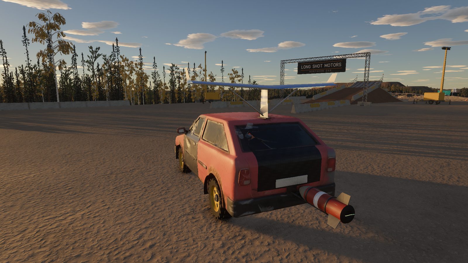 The hatchback with a rocket and a wing in the yard